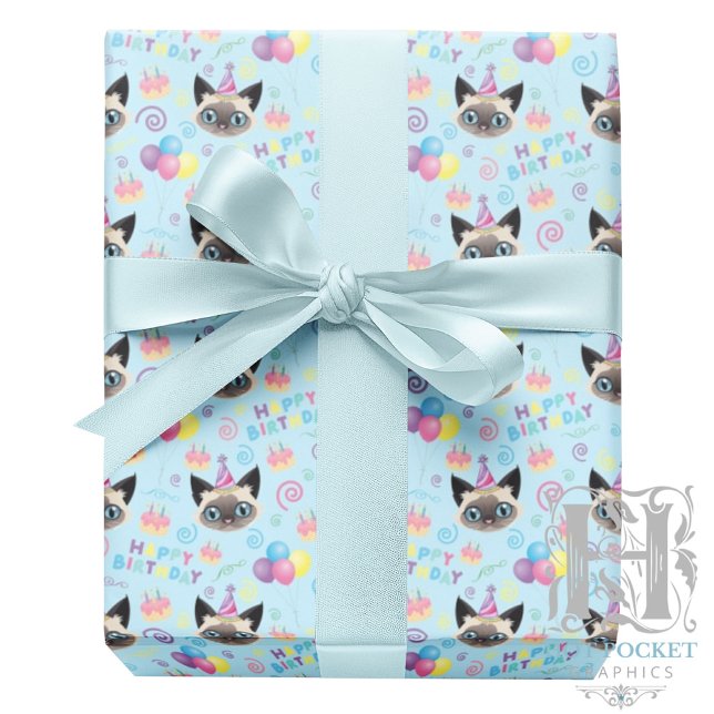 Papel De Presente Siamese Cat Birthday Gift Wrapping Paper in Blue (Criador carregado)