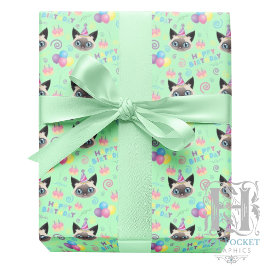 Papel De Presente Siamese Cat Birthday Gift Wrapping Paper in Green