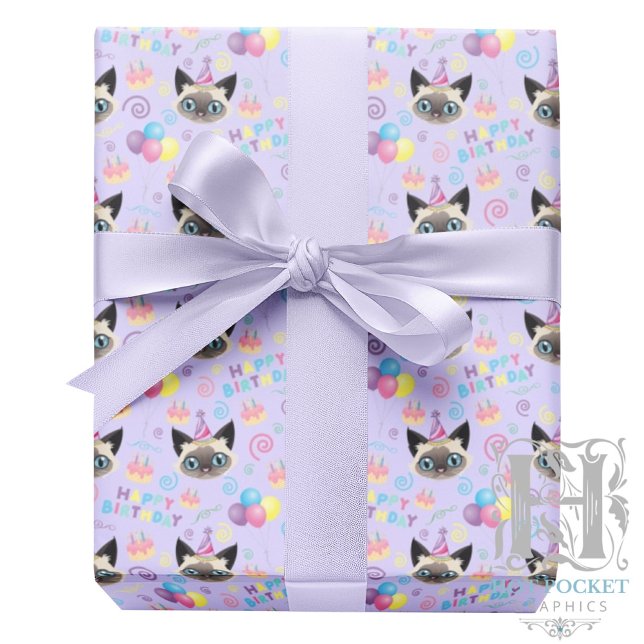 Papel De Presente Siamese Cat Birthday Gift Wrapping Paper in Purple (Criador carregado)