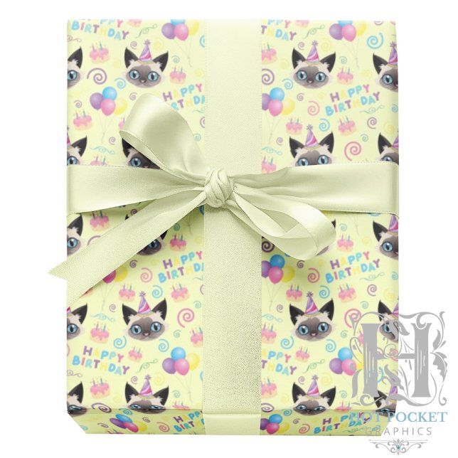 Papel De Presente Siamese Cat Birthday Gift Wrapping Paper in Yellow (Criador carregado)
