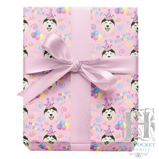 Papel De Presente Siberian Husky Birthday Gift Wrapping Paper Pink (Criador carregado)