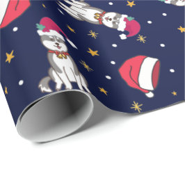 Papel De Presente Siberian Husky Blue Christmas com Santa Hat