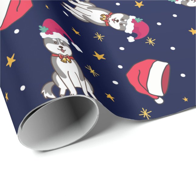 Papel De Presente Siberian Husky Blue Christmas com Santa Hat (Ponta do rolo)