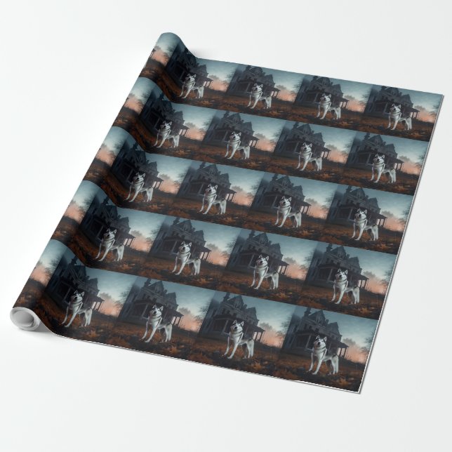 Papel De Presente Siberian Husky Halloween Assustador (Desenrolado)