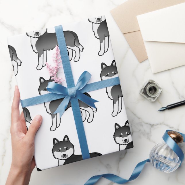 Papel De Presente Siberiano Husky Preto E Branco Padrão De Cachorro  (Presentear)