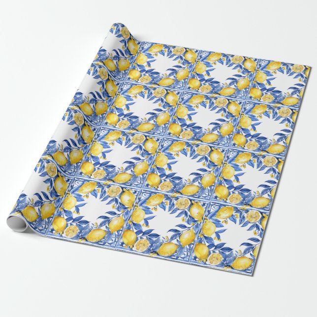Papel De Presente Sicilian Lemon Tiles Pattern Mediterranean Dolce  (Desenrolado)