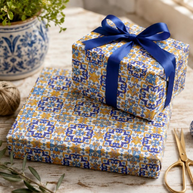 Papel De Presente Sicilian Vibrant Majolica Scrollwork Mediterranean (Criador carregado)