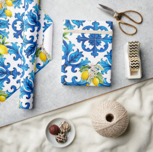 Papel De Presente Siciliano,verão,limão,mosaico,azul