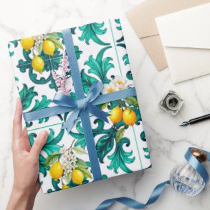 Papel De Presente Siciliano,verão,limão,mosaico,verde,