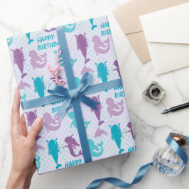 Papel De Presente Silhouette Mermaids Aqua Fish Patterno Aniversário