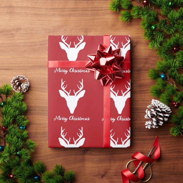 Papel De Presente Silhueta da Cabeça de Veado Branco em Vermelho com (Presente de Natal)