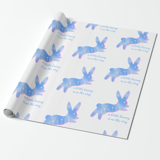 Papel De Presente Silhueta de Coelho Azul Fofa para Chá de Bebê Masc (Desenrolado)