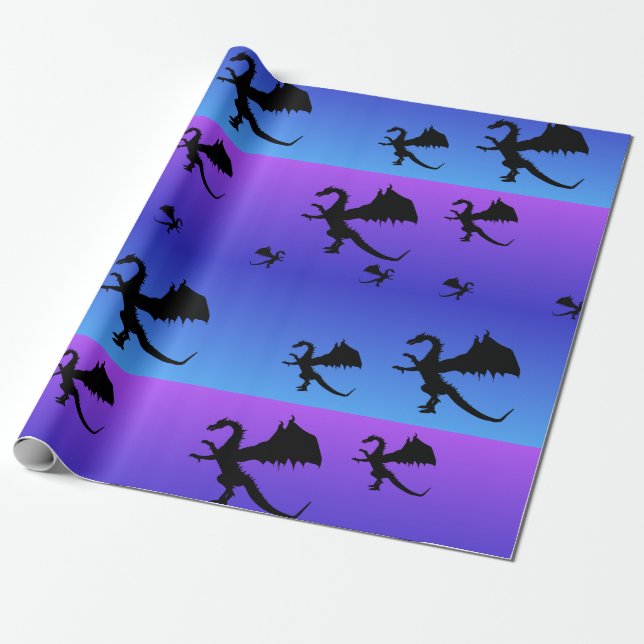 Papel De Presente Silhueta de Dragão Voador Roxo Azul (Desenrolado)