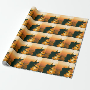 Papel De Presente Silhueta de garota, pôr do sol do mar, liberdade.