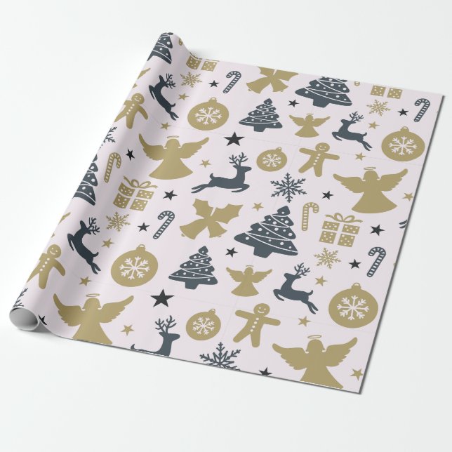 Papel De Presente Silhueta de Natal Elegante de ouro e azul (Desenrolado)