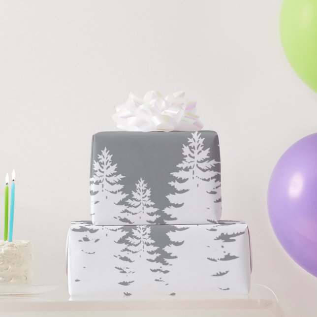 Papel De Presente Silhueta de pinheiro branco de cinza minimalista   (Presentes para festas)