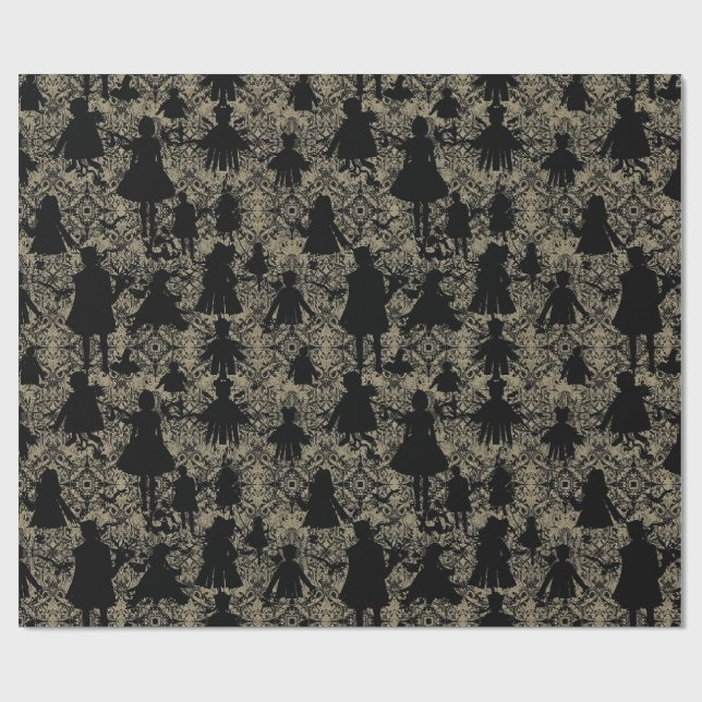 Papel De Presente Silhuetas Assombradas de Bonecas Góticas Damask (Aberto)