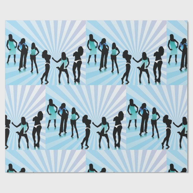 Papel De Presente Silhuetas de Mulheres Elegantes Azul Teal Moda (Aberto)