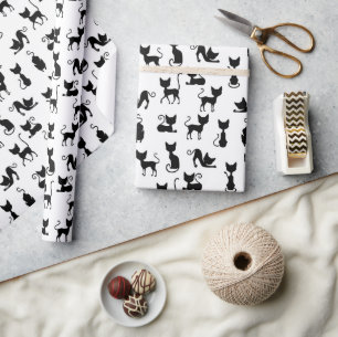 Papel De Presente Silhuette de Gato Preto e Branco