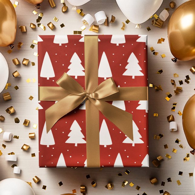 Papel De Presente Silhuettes de árvores de Natal branco e vermelho (Criador carregado)