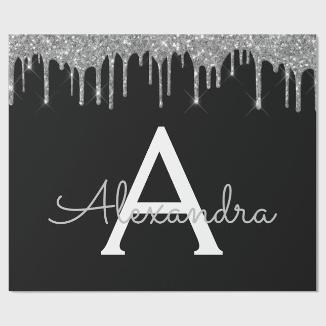 Papel De Presente Silver Black Luxury Glitter Glam Monograma Nome (Aberto)