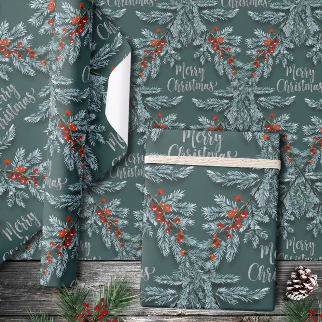 Papel De Presente Silver Blue Spruce Red Berries Feliz Natal (Criador carregado)