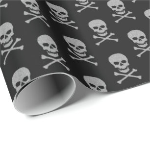 Papel De Presente Silver Skull e Crossbones Halloween