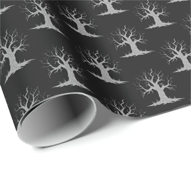 Papel De Presente Silver Spooky Tree Halloween (Ponta do rolo)