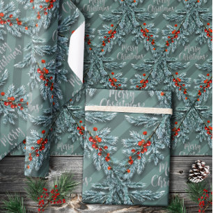Papel De Presente Silver Spruce Red Berries Lattice Feliz Natal