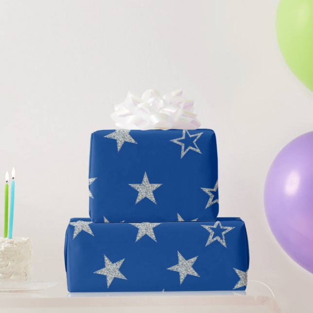 Papel De Presente Silver Stars Blue Simple (Presentes para festas)