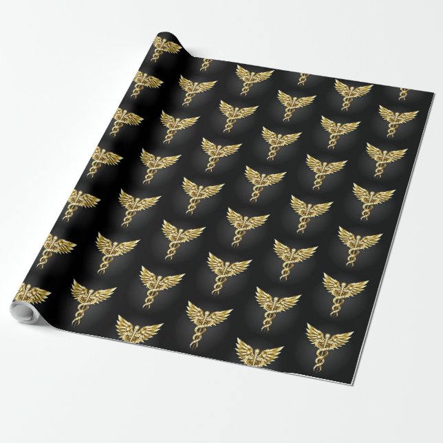Papel De Presente Símbolo Poligonal Dourado Caduceus (Desenrolado)