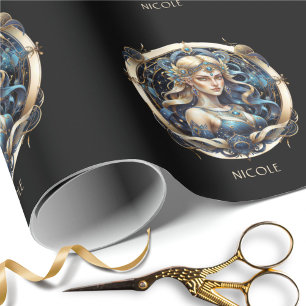 Papel De Presente Símbolo Virgem Cósmica Zodiac Blue Dourado Script 