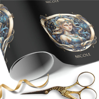 Papel De Presente Símbolo Virgem Cósmica Zodiac Blue Dourado Script