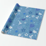 Papel De Presente Símbolos Hanukkah<br><div class="desc">Este design apresenta símbolos Chanucá como Menorah,  Estrelas,  pássaros em fundo azul. É perfeito para judeu para a celebração de Chanucá.</div>