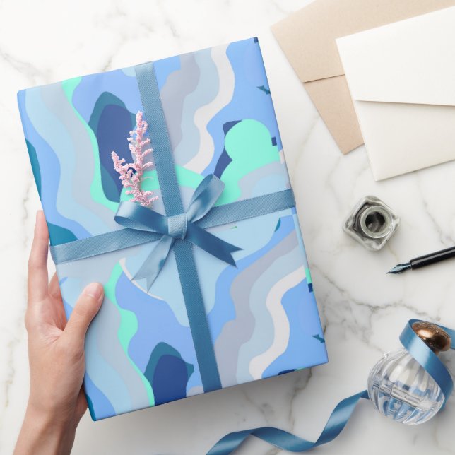 Papel De Presente Simetria de abstrato com Curvas em Fluxo Azul (Presentear)