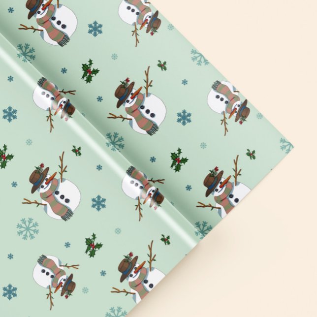 Papel De Presente Simpático muñeco de nieve con copos de nieve (Fun gift wrapping paper with snowmen, holly branches and snowflakes)