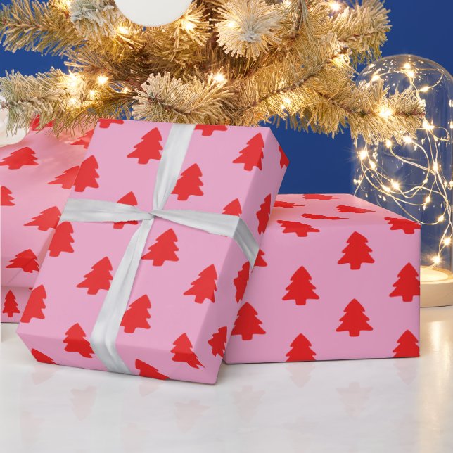 Papel De Presente Simple Red Christmas Trees on Pink (Feriados)