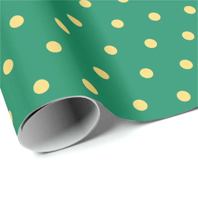 Papel De Presente Simples bolinhas amarelas douradas em verde de nat (Ponta do rolo)
