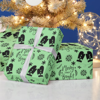 Papel De Presente Simples Feliz Verde de Natal e Mittens Brilhantes