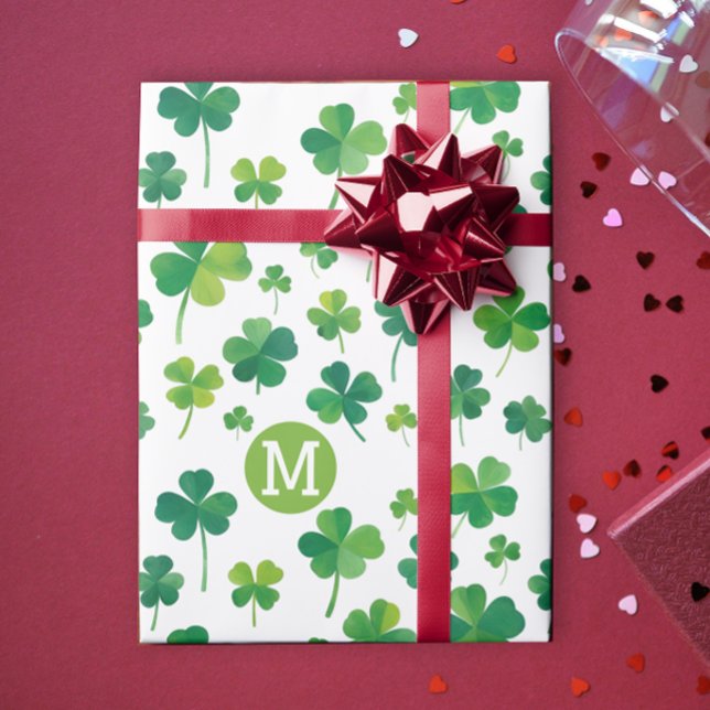 Papel De Presente Simples Luck Shamrock Verde Moderno Patrick Monogr (Criador carregado)