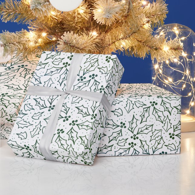 Papel De Presente Simples Natal Moderno Holly Verde Deixa Yule (Feriados)