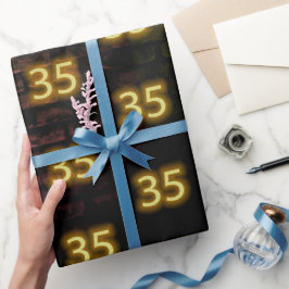 Papel De Presente Sinal de Neon Aniversário 35 em Tijolo