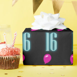 Papel De Presente Sinal de Neon de 16º aniversário com balão
