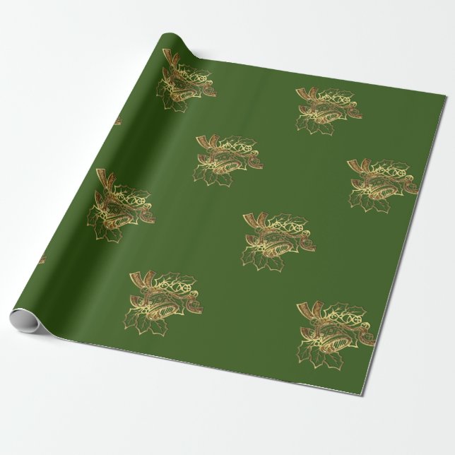 Papel De Presente Sino de Natal Elegante Dourado, Feriado Verde (Desenrolado)