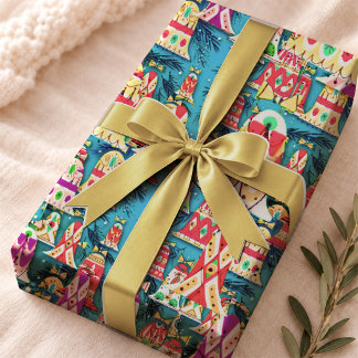 Papel De Presente Sinos de Natal Azuis Vintage Nostálgicos