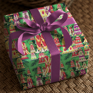 Papel De Presente Sinos de Natal Coloridos Verde Festivo Retro