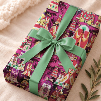 Papel De Presente Sinos de Natal Rosa Vintage