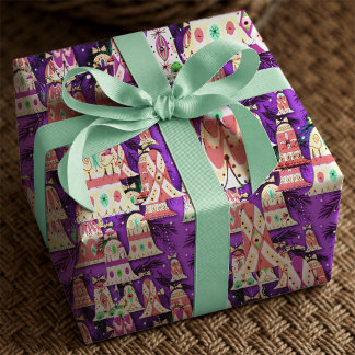 Papel De Presente Sinos de Natal Roxos Festivos e Retrô