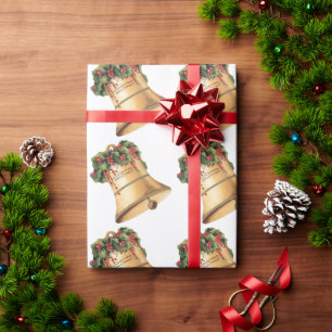 Papel De Presente Sinos Dourados de Natal Antigo, Saudações da Tempo