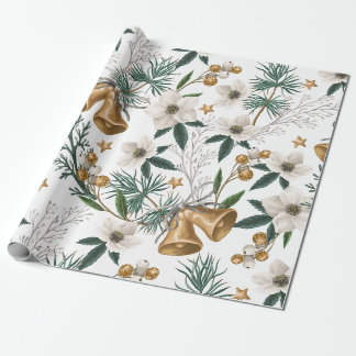 Papel De Presente Sinos Dourados Elegantes & Padrão Floral Branco de
